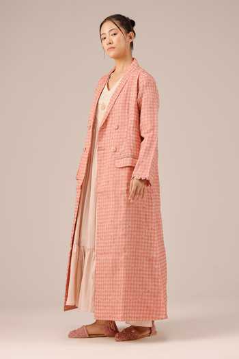 OurDve_Pink Organza Open Neck Merry Checkered Jacket _Online_at_Aza_Fashions