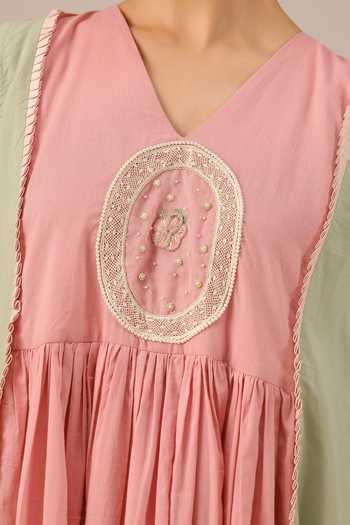 Buy_OurDve_Pink Cotton, Organza V-, Open Merry Tiered Dress And Jacket Set _Online