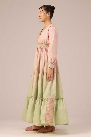 Buy_OurDve_Multicolor Linen V-neck Pop Patchwork Maxi Dress _Online_at_Aza_Fashions