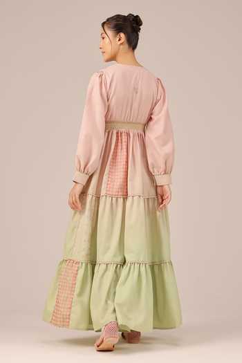 Shop_OurDve_Multicolor Linen V-neck Pop Patchwork Maxi Dress _at_Aza_Fashions