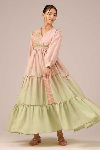 Shop_OurDve_Multicolor Linen V-neck Pop Patchwork Maxi Dress _Online_at_Aza_Fashions