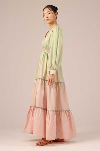 OurDve_Multicolor Linen V-neck Pop Patchwork Maxi Dress _Online_at_Aza_Fashions
