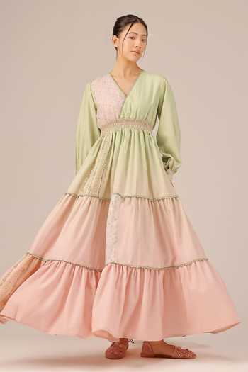 Buy_OurDve_Multicolor Linen V-neck Pop Patchwork Maxi Dress _Online_at_Aza_Fashions