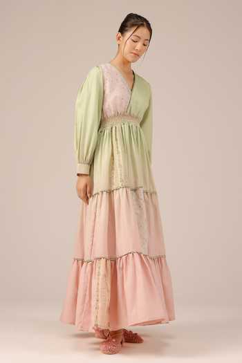 Buy_OurDve_Multicolor Linen V-neck Pop Patchwork Maxi Dress 