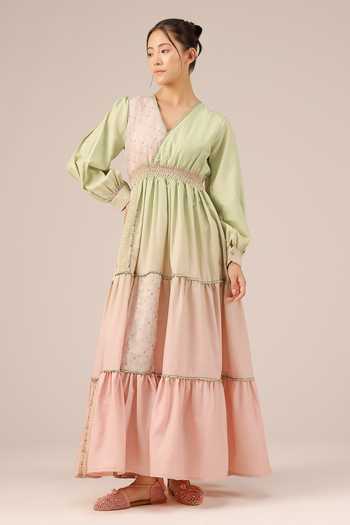 OurDve_Multicolor Linen V-neck Pop Patchwork Maxi Dress _Online