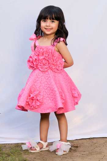 Shop_Pnk Isha Arora (Pink)_Pink Cotton, Taffeta, Lace Flower Blooms Dress _at_Aza_Fashions