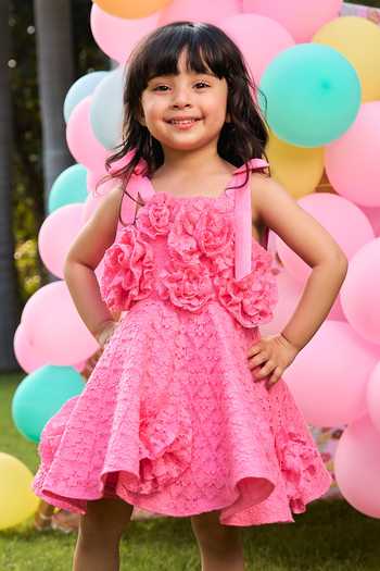 Pnk Isha Arora (Pink)_Pink Cotton, Taffeta, Lace Flower Blooms Dress _Online_at_Aza_Fashions