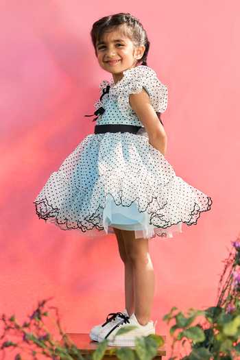 Pnk Isha Arora (Pink)_Blue Cotton, Organza, Dupion, Polyester Flocking Dots And Bows Dress _Online_at_Aza_Fashions