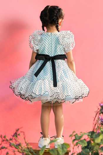Shop_Pnk Isha Arora (Pink)_Blue Cotton, Organza, Dupion, Polyester Flocking Dots And Bows Dress _at_Aza_Fashions