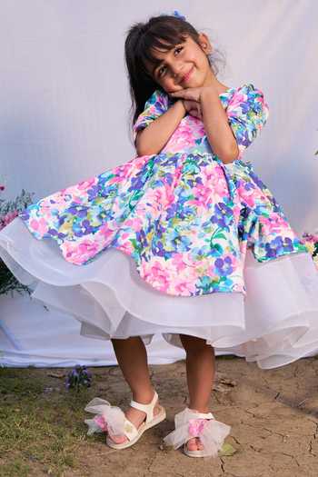 Pnk Isha Arora (Pink)_Multi Color Cotton, Satin, Tulle, Taffeta Flowers In Bloom Birthday Dress _Online_at_Aza_Fashions
