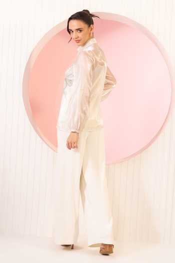 Buy_BAHAARA BY DIVYA NARULA_Ivory Organza, Crepe Collared Neck Ivy Shirt And Pant Set _Online_at_Aza_Fashions