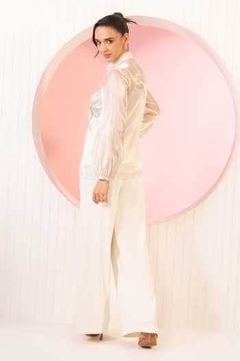 Shop_BAHAARA BY DIVYA NARULA_Ivory Organza, Crepe Collared Neck Ivy Shirt And Pant Set _at_Aza_Fashions