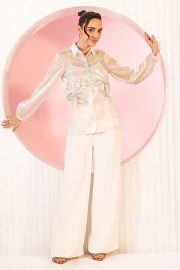 Buy_BAHAARA BY DIVYA NARULA_Ivory Organza, Crepe Collared Neck Ivy Shirt And Pant Set _at_Aza_Fashions