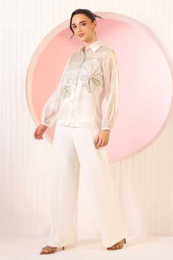 Shop_BAHAARA BY DIVYA NARULA_Ivory Organza, Crepe Collared Neck Ivy Shirt And Pant Set _Online_at_Aza_Fashions