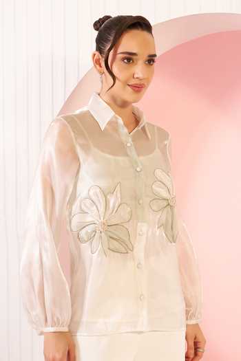 BAHAARA BY DIVYA NARULA_Ivory Organza, Crepe Collared Neck Ivy Shirt And Pant Set _at_Aza_Fashions