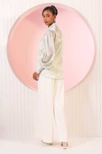 Shop_BAHAARA BY DIVYA NARULA_Green Organza, Crepe Collared Neck Mint Shirt And Pant Set _at_Aza_Fashions