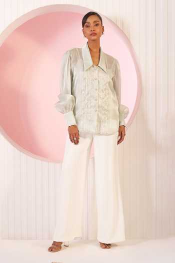 Buy_BAHAARA BY DIVYA NARULA_Green Organza, Crepe Collared Neck Mint Shirt And Pant Set _at_Aza_Fashions