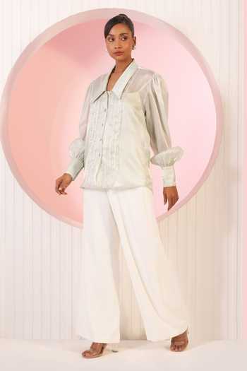 BAHAARA BY DIVYA NARULA_Green Organza, Crepe Collared Neck Mint Shirt And Pant Set _Online_at_Aza_Fashions