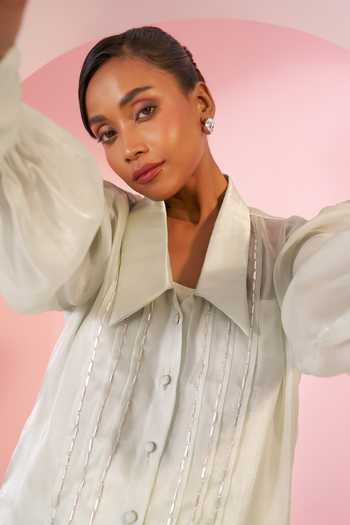 Buy_BAHAARA BY DIVYA NARULA_Green Organza, Crepe Collared Neck Mint Shirt And Pant Set _Online_at_Aza_Fashions