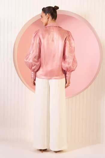 Shop_BAHAARA BY DIVYA NARULA_Pink Organza, Crepe Collared Neck Mia Shirt And Pant Set _at_Aza_Fashions