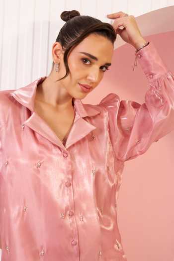 Buy_BAHAARA BY DIVYA NARULA_Pink Organza, Crepe Collared Neck Mia Shirt And Pant Set _Online_at_Aza_Fashions