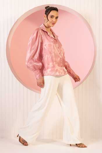 Shop_BAHAARA BY DIVYA NARULA_Pink Organza, Crepe Collared Neck Mia Shirt And Pant Set _Online_at_Aza_Fashions