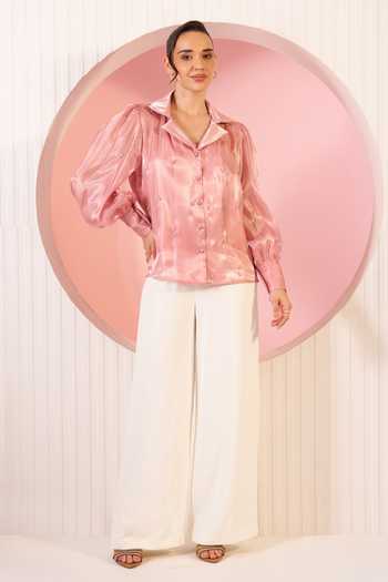 Buy_BAHAARA BY DIVYA NARULA_Pink Organza, Crepe Collared Neck Mia Shirt And Pant Set _at_Aza_Fashions