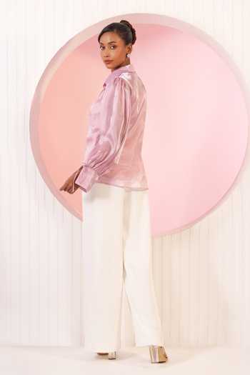 Shop_BAHAARA BY DIVYA NARULA_Purple Organza, Crepe Collared Neck Ella Sheer Shirt And Pant Set _at_Aza_Fashions