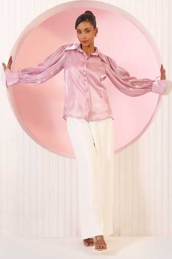 Buy_BAHAARA BY DIVYA NARULA_Purple Organza, Crepe Collared Neck Ella Sheer Shirt And Pant Set _at_Aza_Fashions