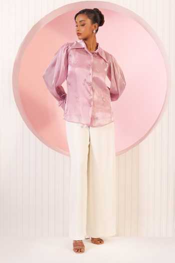 BAHAARA BY DIVYA NARULA_Purple Organza, Crepe Collared Neck Ella Sheer Shirt And Pant Set _Online_at_Aza_Fashions