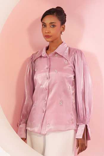 Buy_BAHAARA BY DIVYA NARULA_Purple Organza, Crepe Collared Neck Ella Sheer Shirt And Pant Set _Online_at_Aza_Fashions