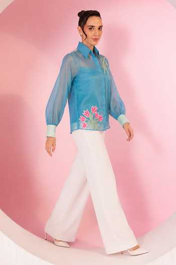 Shop_BAHAARA BY DIVYA NARULA_Blue Organza, Crepe Collared Neck Nova Shirt And Pant Set _at_Aza_Fashions