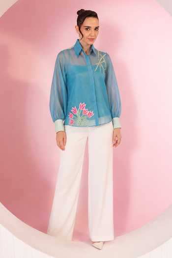 Buy_BAHAARA BY DIVYA NARULA_Blue Organza, Crepe Collared Neck Nova Shirt And Pant Set _at_Aza_Fashions
