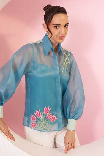 BAHAARA BY DIVYA NARULA_Blue Organza, Crepe Collared Neck Nova Shirt And Pant Set _Online_at_Aza_Fashions