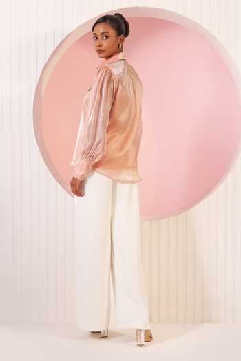 Shop_BAHAARA BY DIVYA NARULA_Peach Organza, Crepe Collared Neck Apricot Sheer Shirt And Pant Set _at_Aza_Fashions