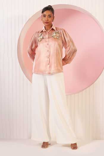BAHAARA BY DIVYA NARULA_Peach Organza, Crepe Collared Neck Apricot Sheer Shirt And Pant Set _Online_at_Aza_Fashions