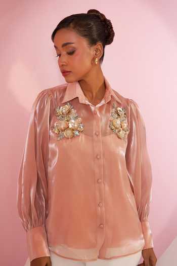 Buy_BAHAARA BY DIVYA NARULA_Peach Organza, Crepe Collared Neck Apricot Sheer Shirt And Pant Set _Online_at_Aza_Fashions