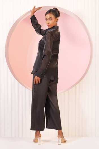 Shop_BAHAARA BY DIVYA NARULA_Black Organza, Satin Collared Neck Ebony Floral Applique Work Shirt And Pant Set _at_Aza_Fashions