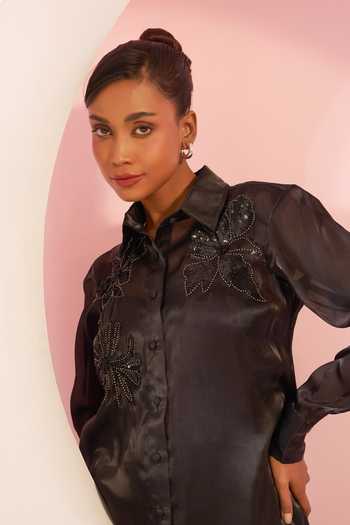 Buy_BAHAARA BY DIVYA NARULA_Black Organza, Satin Collared Neck Ebony Floral Applique Work Shirt And Pant Set _Online_at_Aza_Fashions