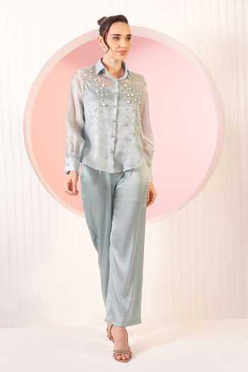 BAHAARA BY DIVYA NARULA_Blue Organza, Satin Mandarin Collar Maisie Embellished Shirt And Pant Set _Online_at_Aza_Fashions