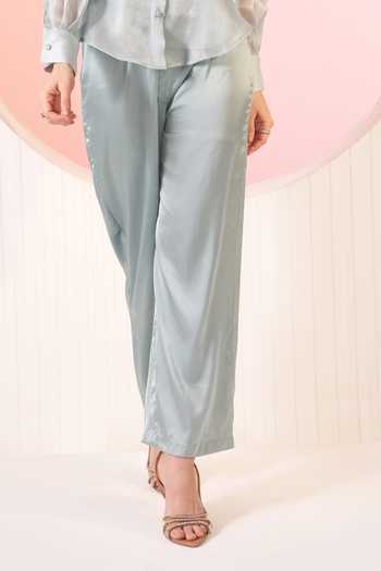 Buy_BAHAARA BY DIVYA NARULA_Blue Organza, Satin Mandarin Collar Maisie Embellished Shirt And Pant Set _Online_at_Aza_Fashions