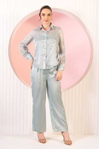 Buy_BAHAARA BY DIVYA NARULA_Blue Organza, Satin Mandarin Collar Maisie Embellished Shirt And Pant Set _at_Aza_Fashions