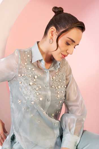 Shop_BAHAARA BY DIVYA NARULA_Blue Organza, Satin Mandarin Collar Maisie Embellished Shirt And Pant Set _Online_at_Aza_Fashions