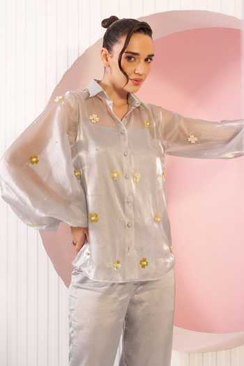 BAHAARA BY DIVYA NARULA_Silver Organza, Satin Collared Neck Bella Dusty Blue Shirt And Pant Set _Online_at_Aza_Fashions
