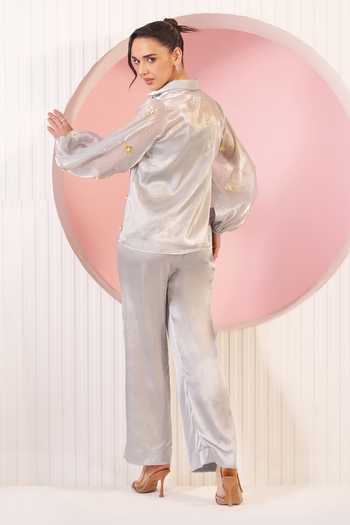 Shop_BAHAARA BY DIVYA NARULA_Silver Organza, Satin Collared Neck Bella Dusty Blue Shirt And Pant Set _at_Aza_Fashions