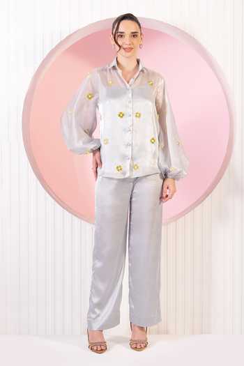 Buy_BAHAARA BY DIVYA NARULA_Silver Organza, Satin Collared Neck Bella Dusty Blue Shirt And Pant Set _at_Aza_Fashions