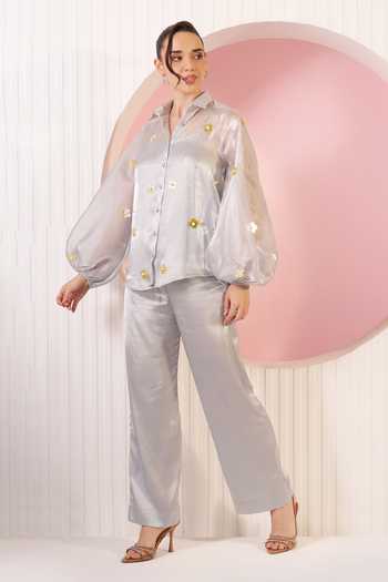 Buy_BAHAARA BY DIVYA NARULA_Silver Organza, Satin Collared Neck Bella Dusty Blue Shirt And Pant Set _Online_at_Aza_Fashions