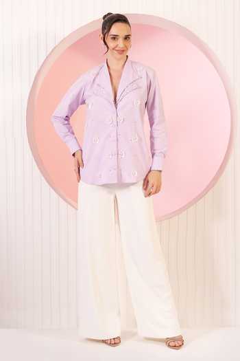 Buy_BAHAARA BY DIVYA NARULA_White Cotton, Crepe Collared Neck Robyn Embellished Shirt And Pant Set _at_Aza_Fashions