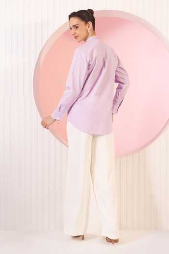 Shop_BAHAARA BY DIVYA NARULA_White Cotton, Crepe Collared Neck Robyn Embellished Shirt And Pant Set _at_Aza_Fashions