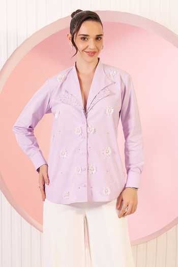 BAHAARA BY DIVYA NARULA_White Cotton, Crepe Collared Neck Robyn Embellished Shirt And Pant Set _Online_at_Aza_Fashions